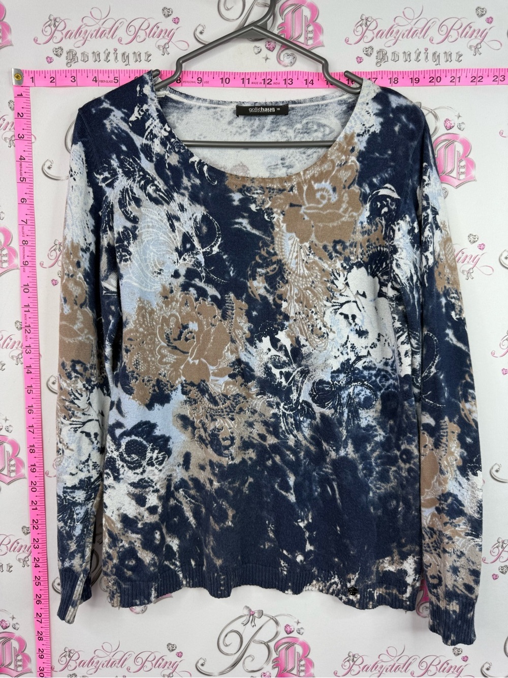 Long sleeve Floral Tie-Dye Knit Pullover Sweatshirt - Navy, Taupe & White